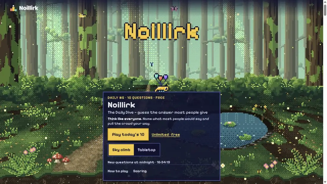 The real Noillirk opening screen in its pixel-art forest, with the Daily play button