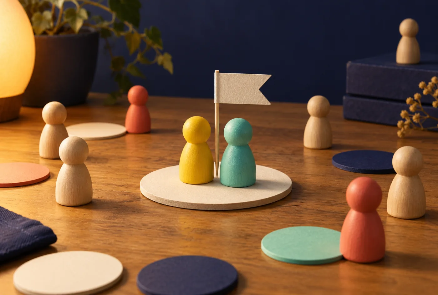 A raspberry figurine and a blue one share the same crowded tile, with a small paper pennant between them