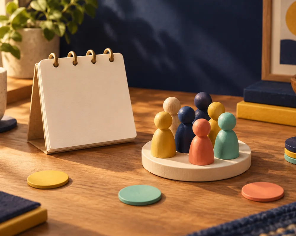A blank desk calendar beside a round tile crowded with wooden figurines in morning light