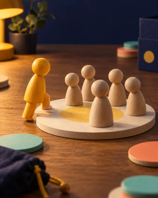 A raspberry figurine steps onto the biggest tile as the wooden figurines on it turn to look