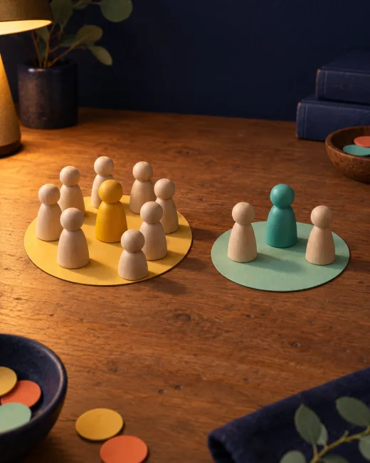 Two tiles side by side: a crowd around a raspberry figurine on one, a few figurines around a blue one on the other