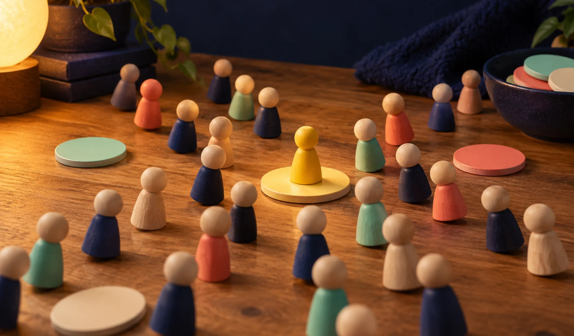 Wooden figurines stream across the table from every side toward the one tile where a raspberry figurine stands